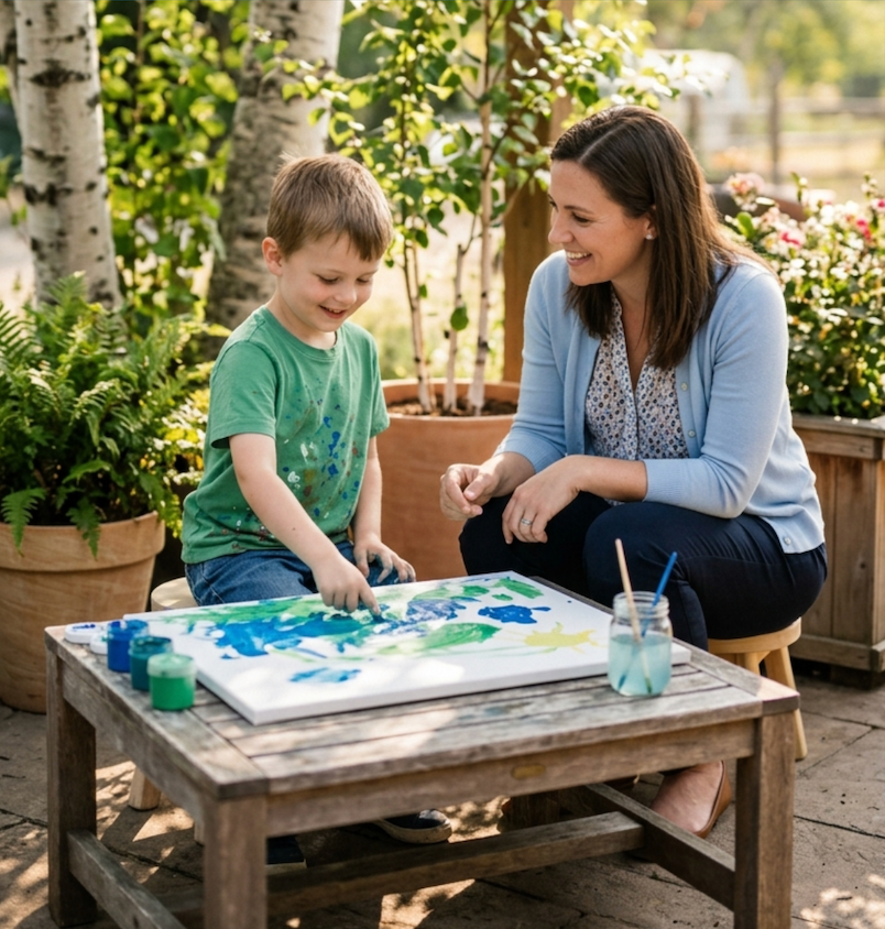 Child and adult doing a painting activity outdoors